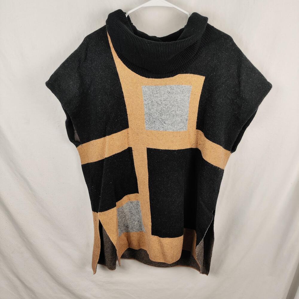 BCBGMAXAZRIA Sweater Cape Womens Large Black Cowl Neck Geometric Colorblock Knit